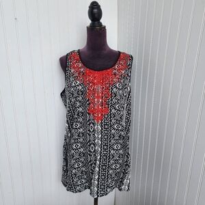 Solitaire Women's Black White Embroidered Red Sleeveless Blouse Top Plus 1X